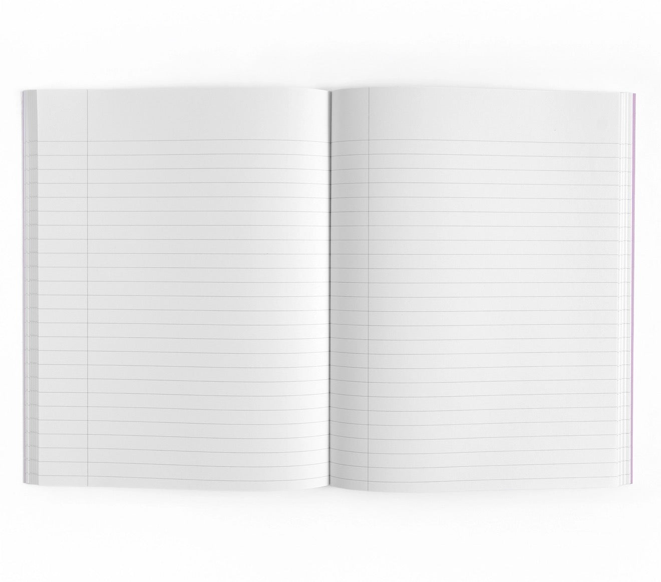An open notebook with blank white lined pages, displayed against a clean white background.