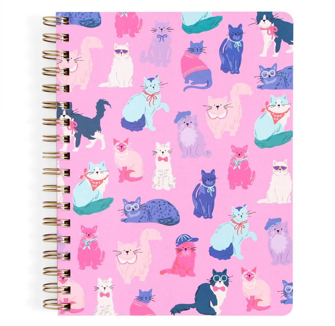 A spiral-bound notebook featuring a pink cover decorated with a colorful cartoon cat pattern, bound with gold-toned metal wire on the left side.