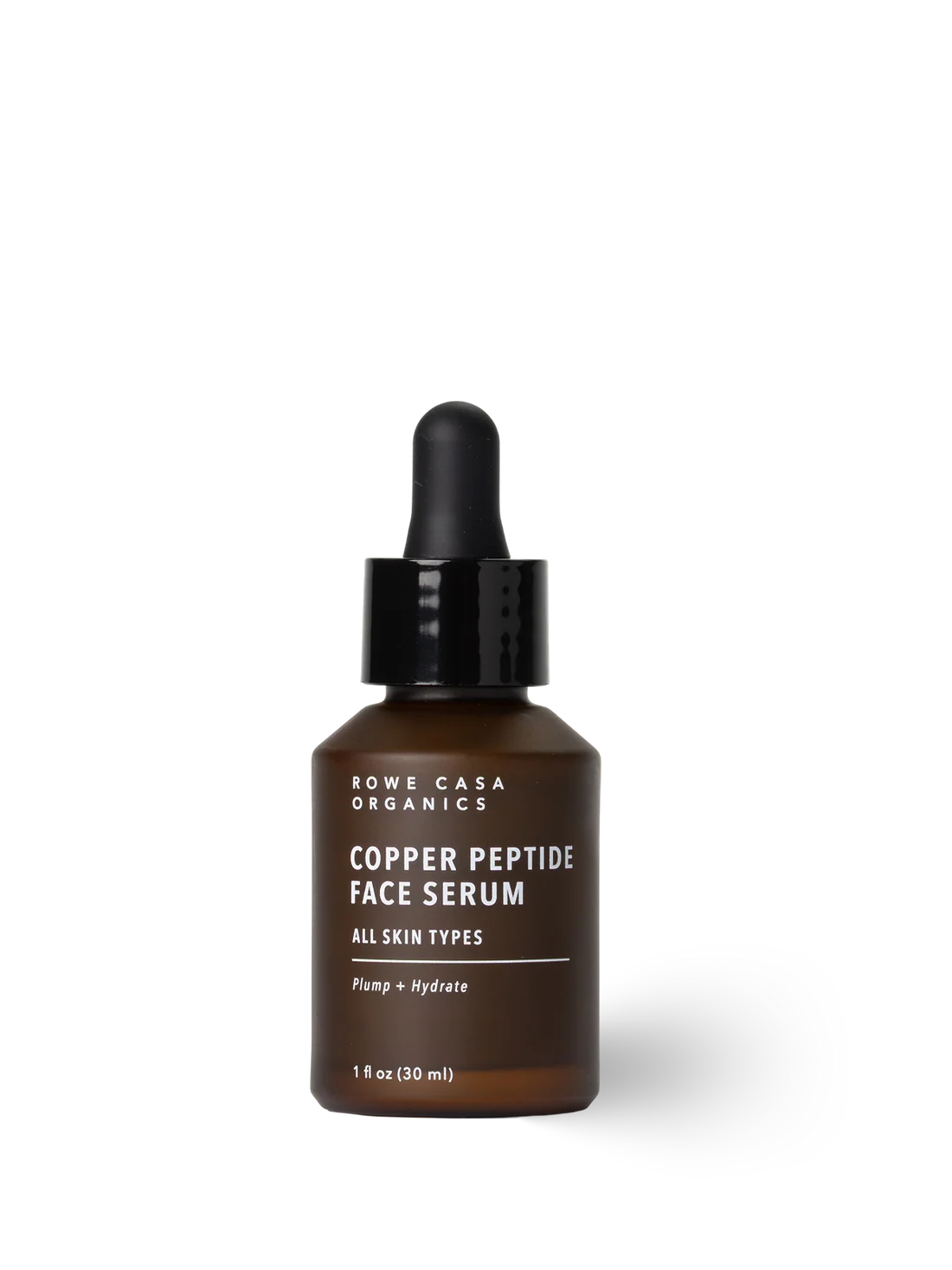 A 1 fl oz amber glass dropper bottle of Rowe Casa Organics Copper Peptide Face Serum, featuring a black dropper cap and white text, set against a clean white background with a soft shadow.