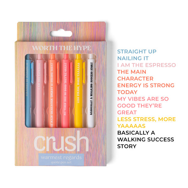 Multi color pen set with label on box titled “Worth the Hype”