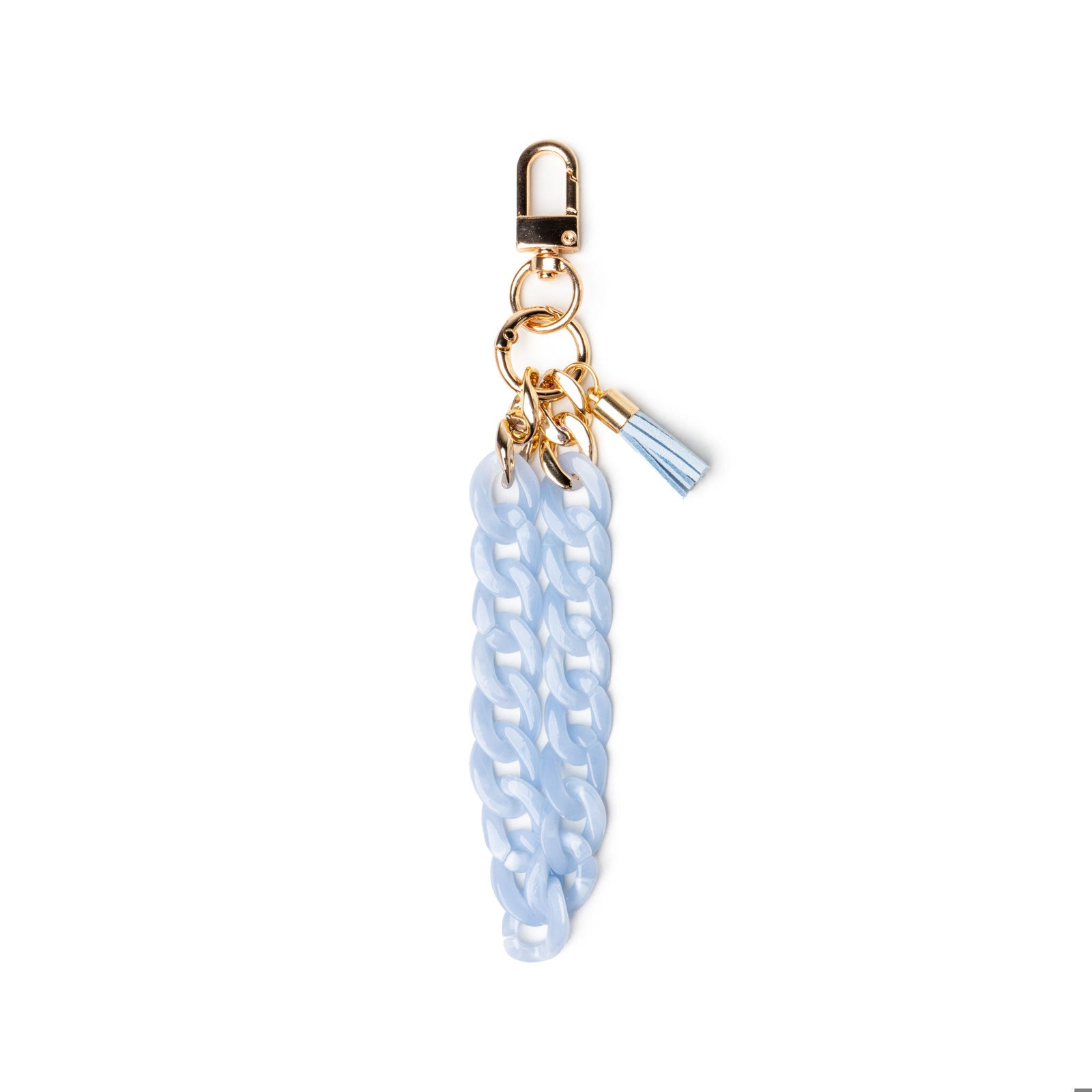 Blue keychain with a gold clasp on white background