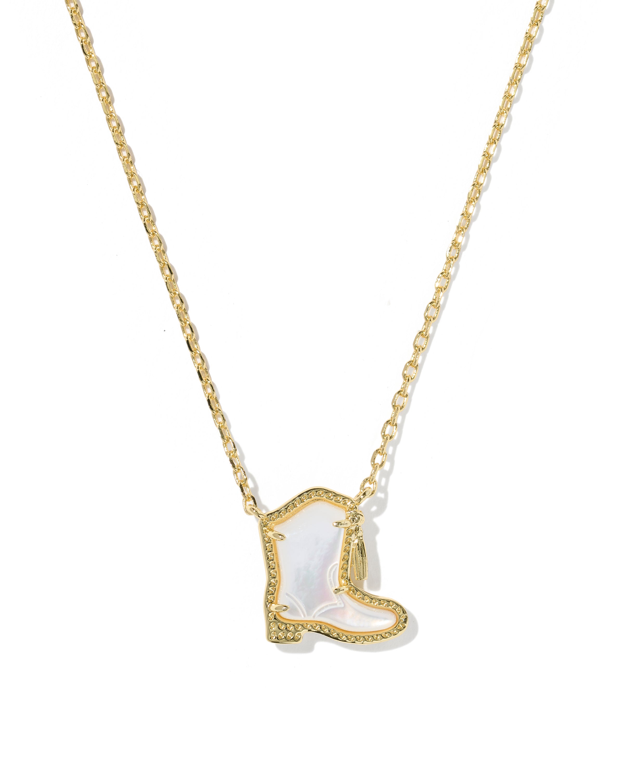 A gold chain necklace featuring a cowboy boot pendant with a white mother-of-pearl inlay and a textured gold border, shown against a plain white background.