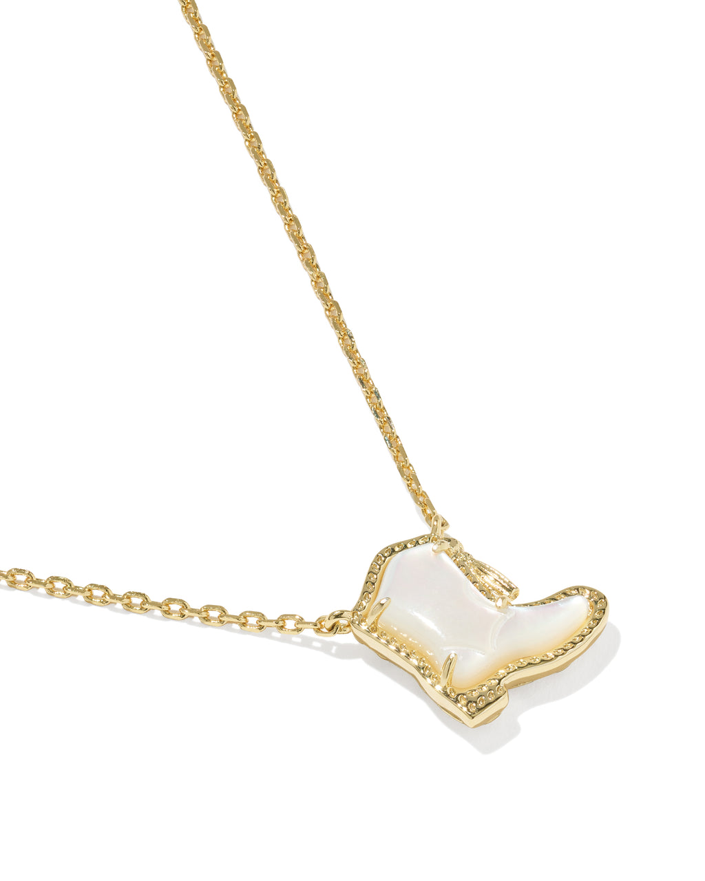 A gold chain necklace featuring a boot-shaped pendant with a white iridescent inlay and a beaded gold border, shown on a clean white background.