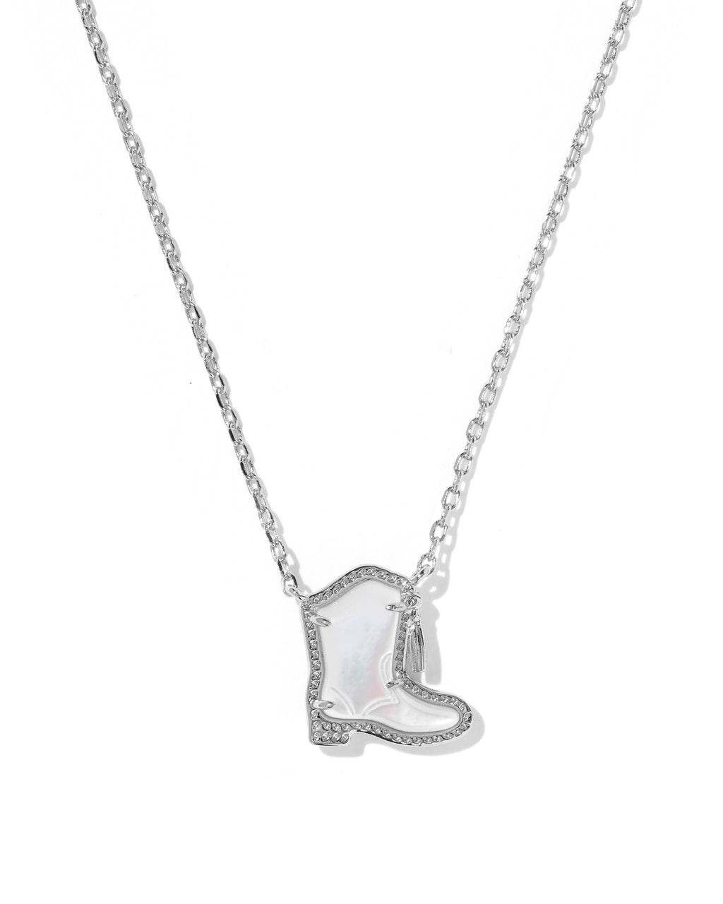 A silver-toned necklace featuring a boot-shaped pendant with a white iridescent inlay and small clear rhinestone accents along the edges, shown against a plain white background.