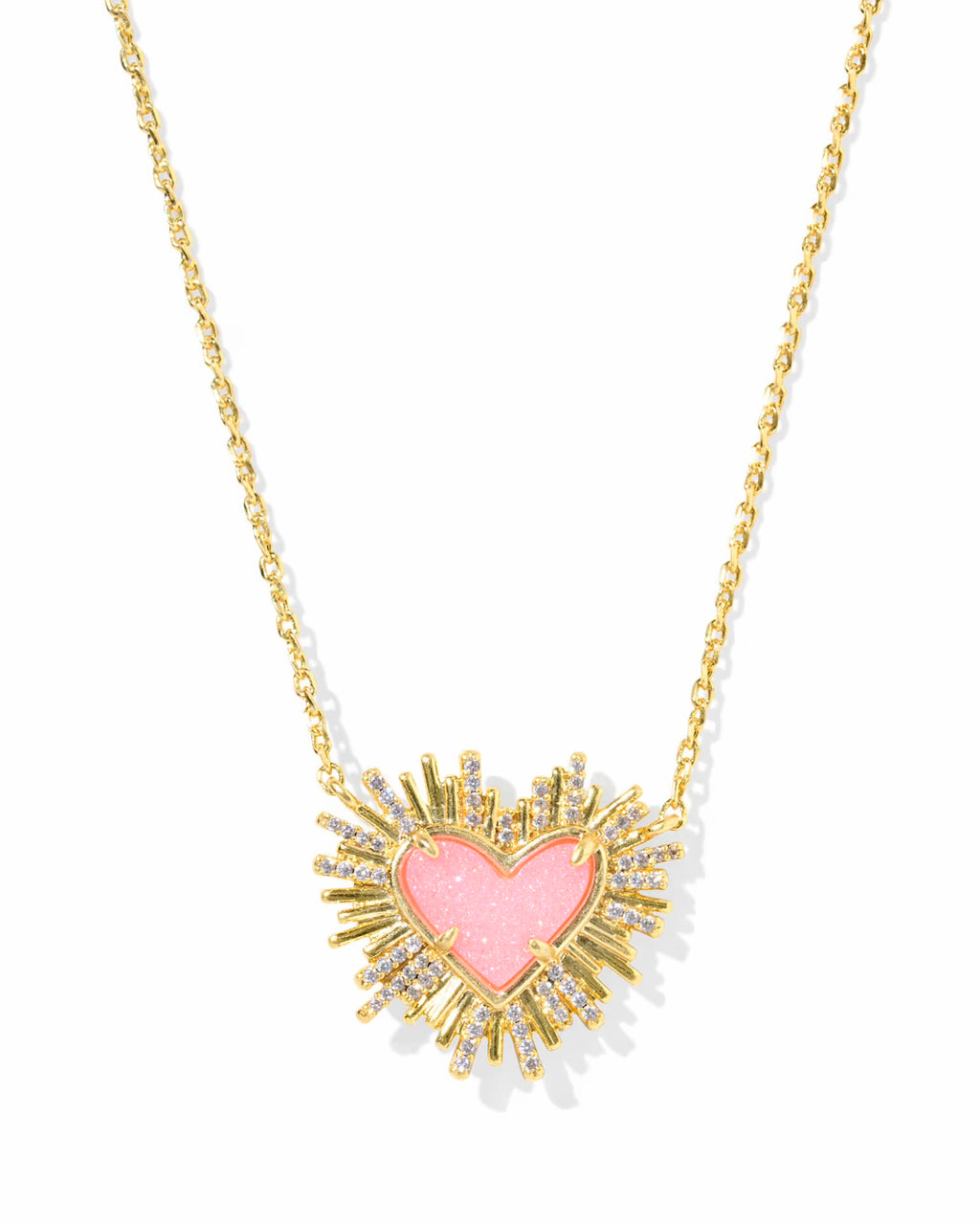 Necklace with a pink heart pendant and gold accents on a white background