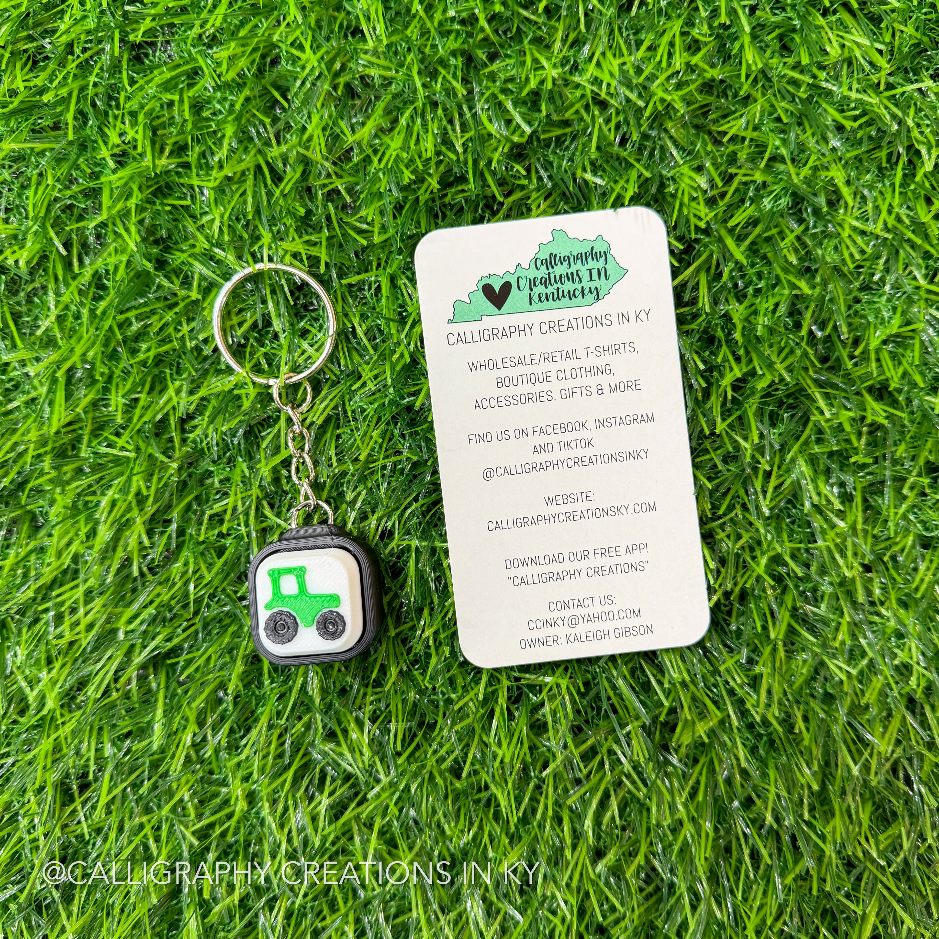 Green Tractor Square Fidget Clicker Keychain