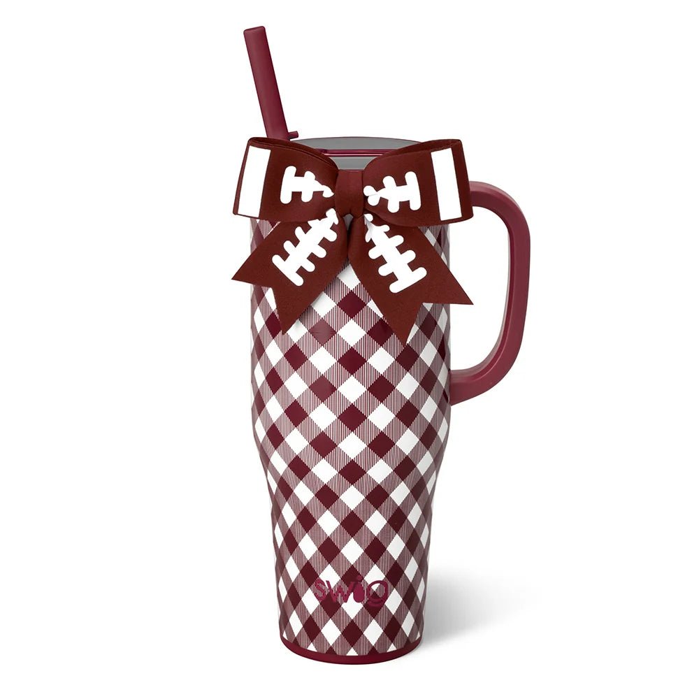 Maroon and white gingham cup with maroon bow