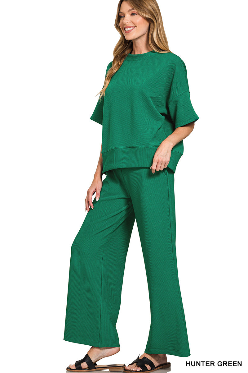Hunter Green | Ribbed Tee + Pants Set