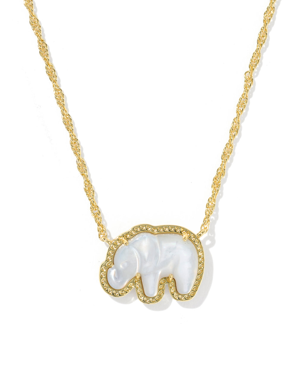 A gold chain necklace featuring a small elephant pendant with a white mother-of-pearl center and a border of tiny clear rhinestones, shown on a plain white background.