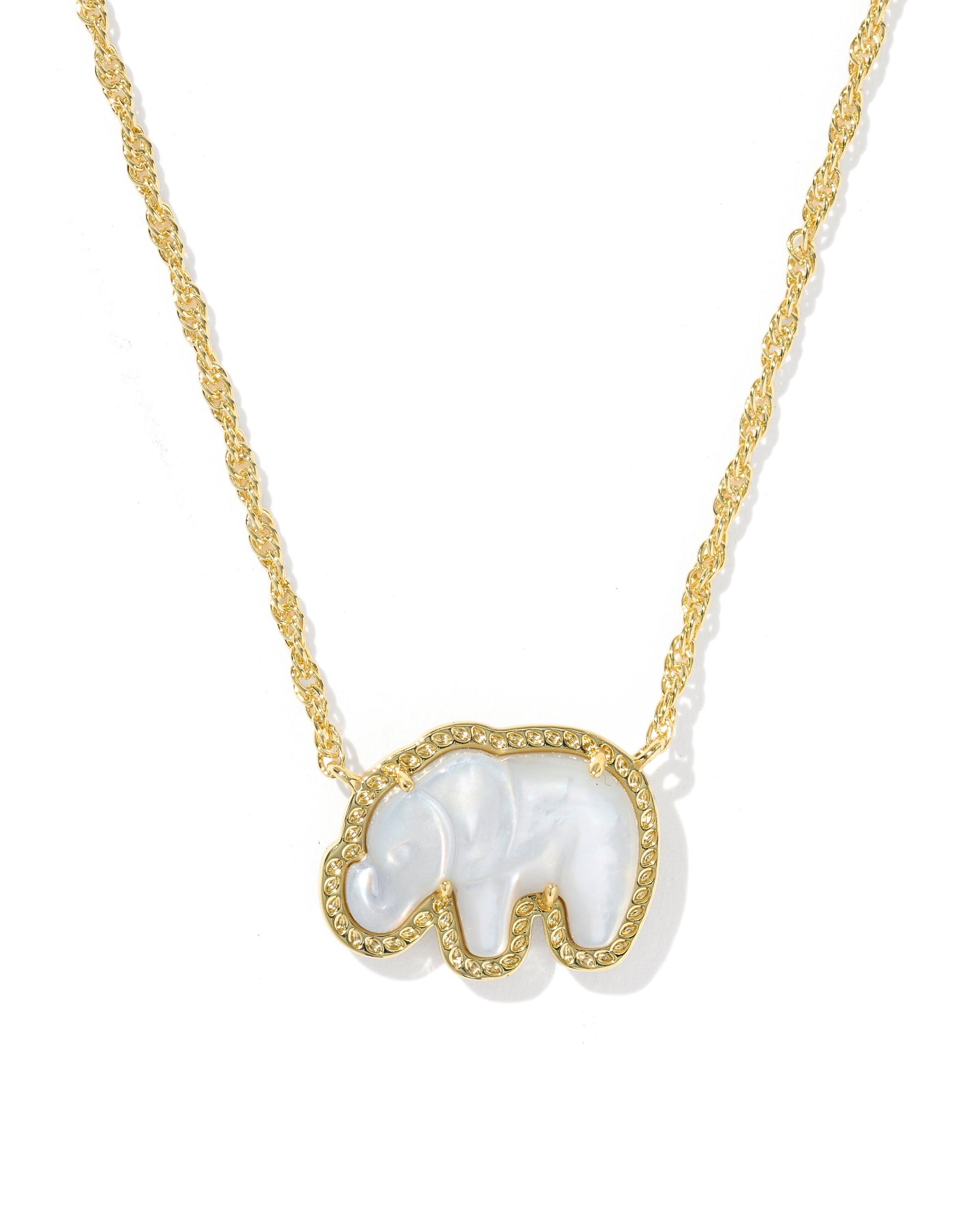 A gold chain necklace featuring a small elephant pendant with a white mother-of-pearl center and a border of tiny clear rhinestones, shown on a plain white background.