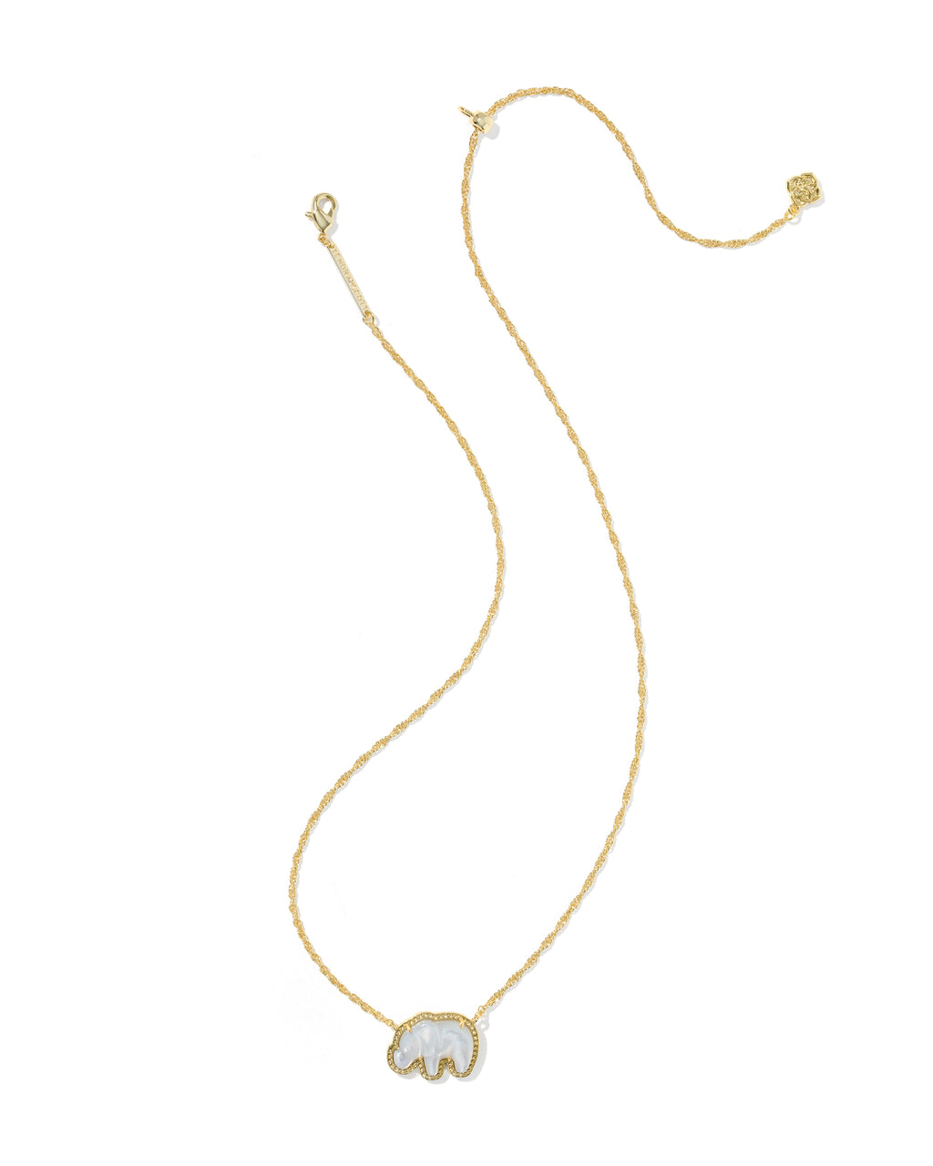 A delicate gold chain necklace featuring a small elephant pendant with a white inlay, displayed on a solid white background.