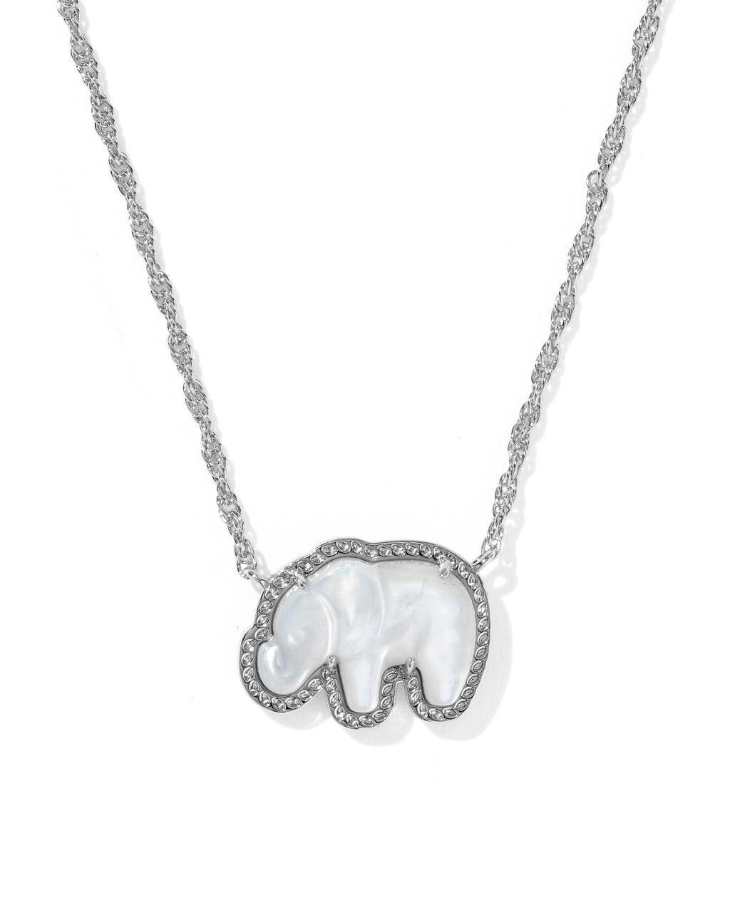 A silver-toned necklace featuring an elephant-shaped pendant with a white mother-of-pearl center and a border of small clear stones, shown on a plain white background.