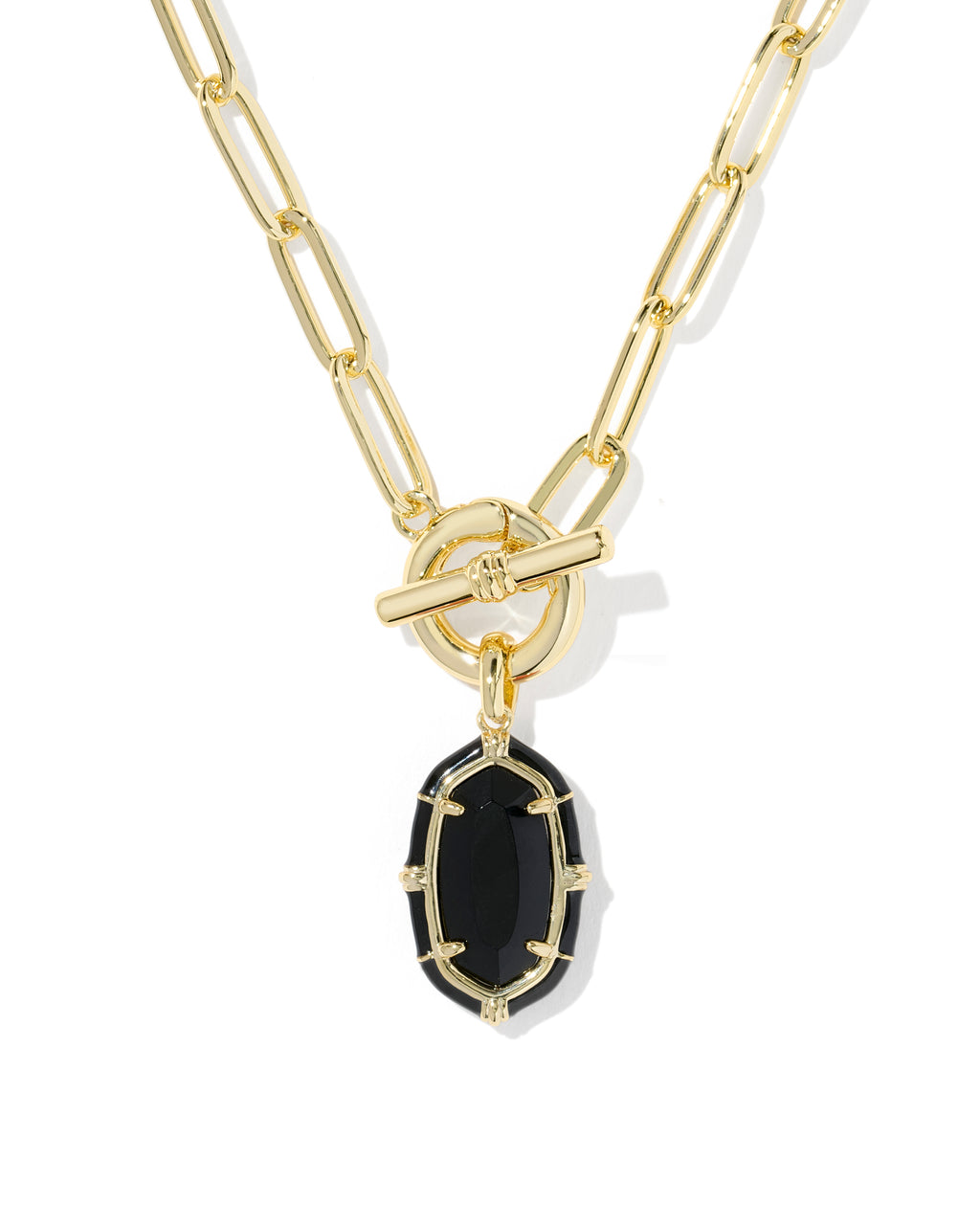 Gold necklace with a teardrop-shaped diamond pendant on a white background