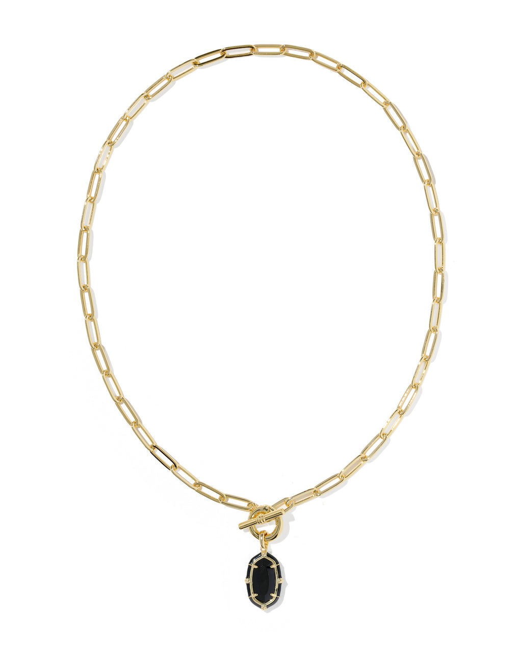 A gold chain necklace with a small oval dark green gemstone pendant, shown against a plain white background.