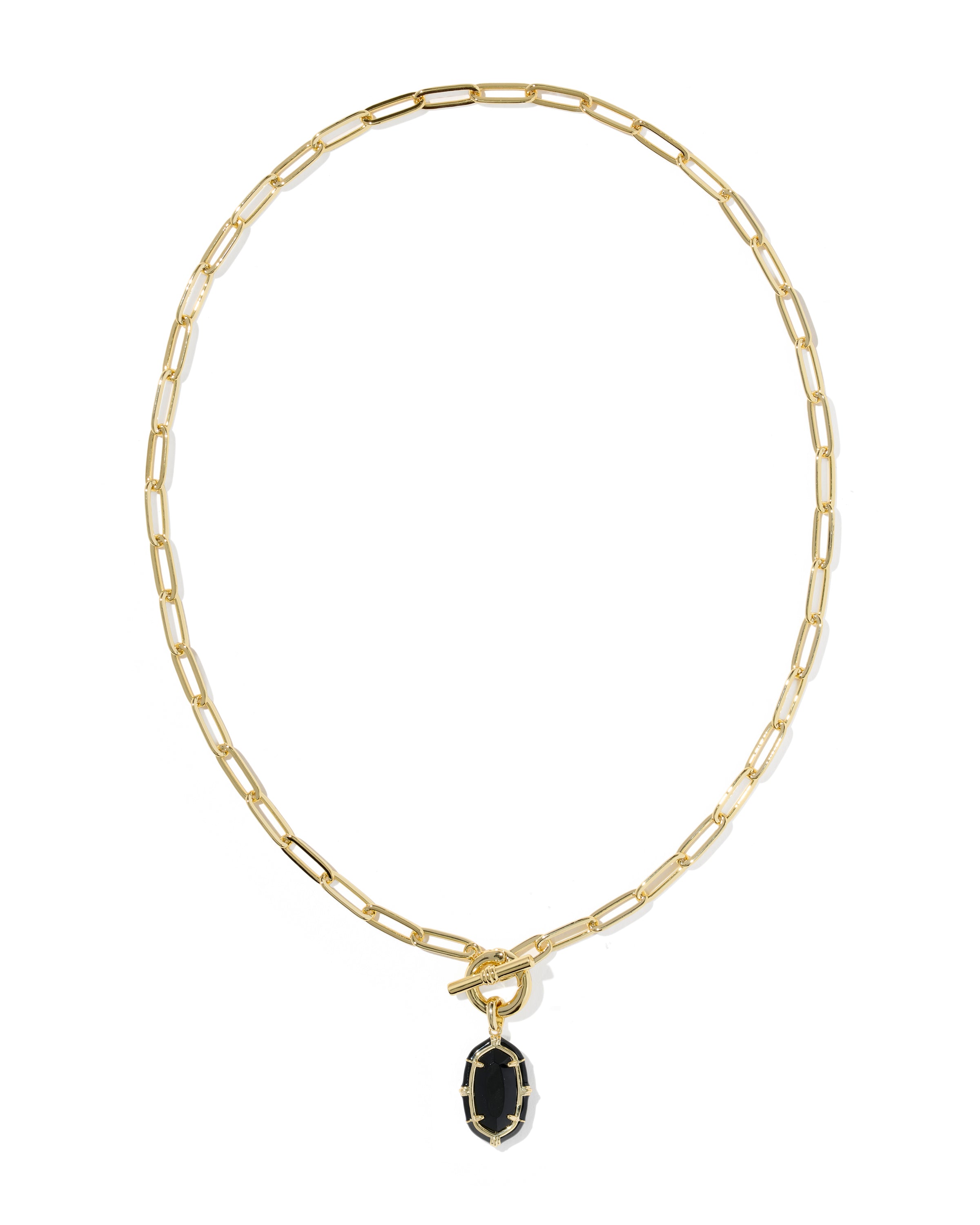 A gold chain necklace with a small oval dark green gemstone pendant, shown against a plain white background.