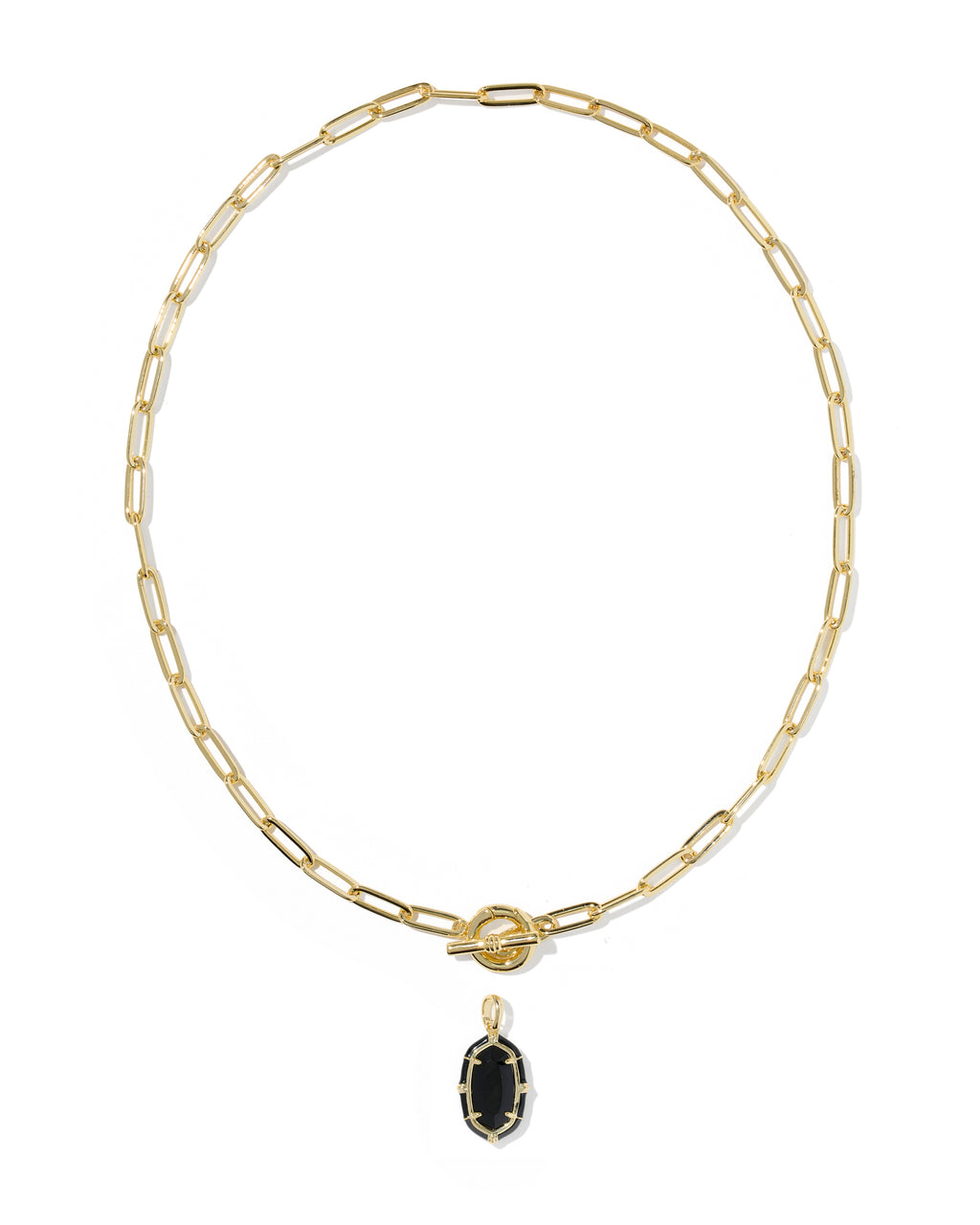 A gold paperclip chain necklace with a toggle clasp and a small oval black onyx pendant, shown on a plain white background.