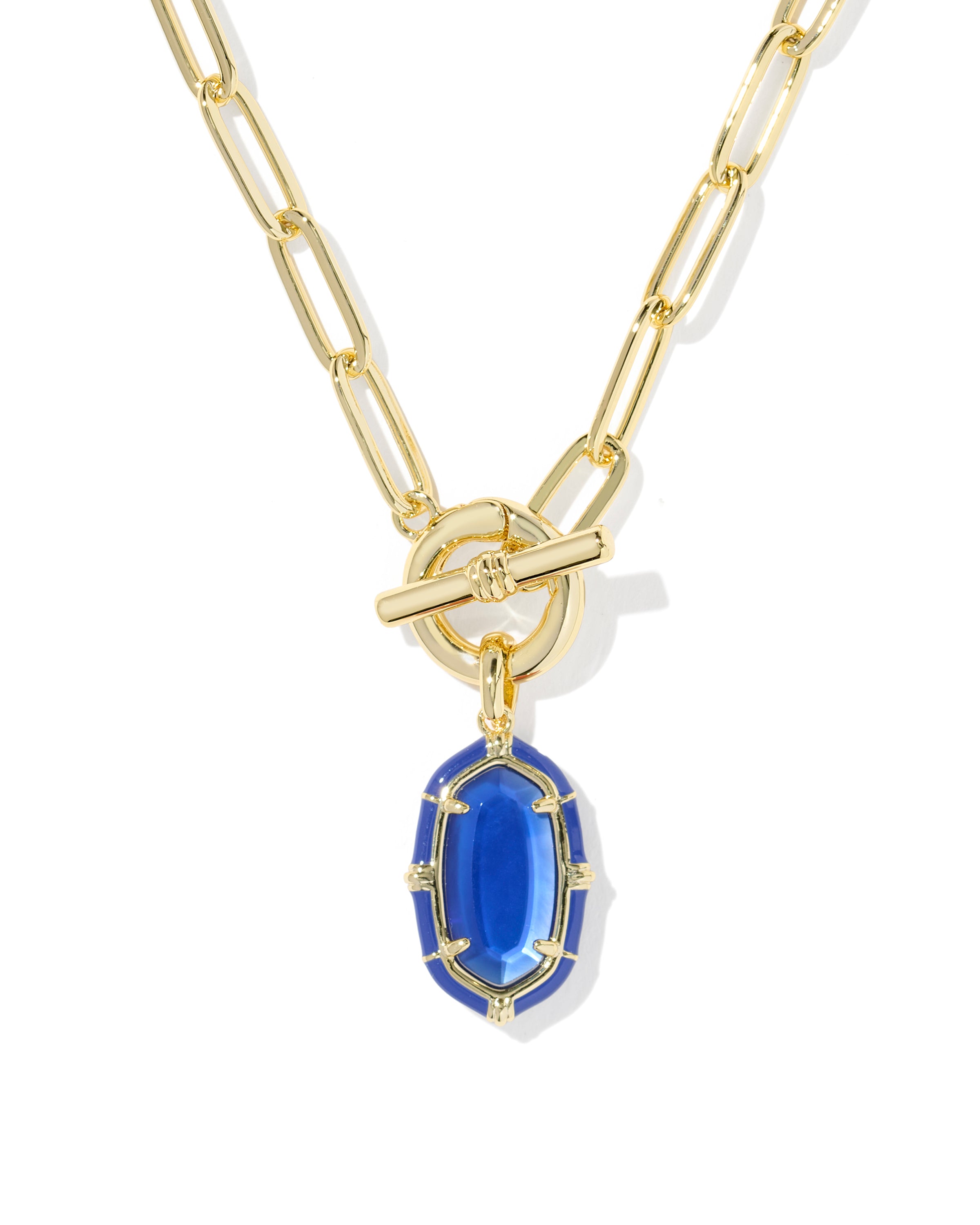 A gold paperclip chain necklace with a toggle clasp and a blue oval pendant, shown on a clean white background.