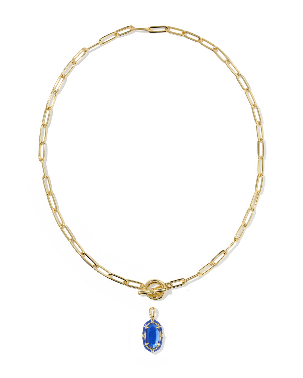 A gold paperclip chain necklace with a small oval blue gemstone pendant, displayed on a clean white background.