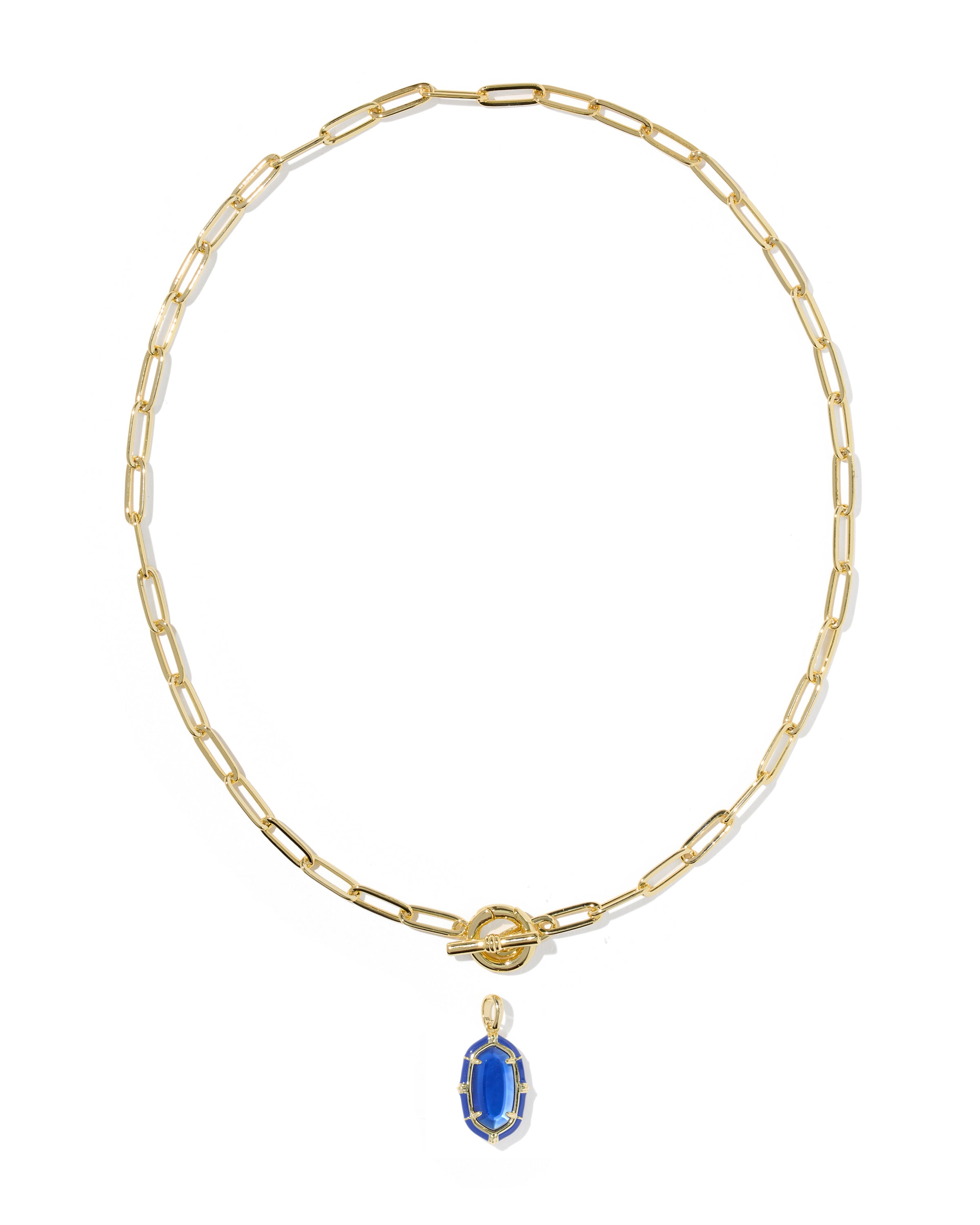 A gold paperclip chain necklace with a small oval blue gemstone pendant, displayed on a clean white background.