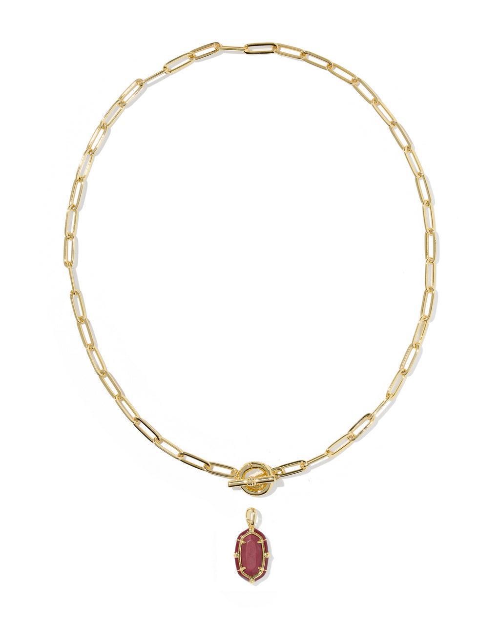 A gold paperclip chain necklace with a toggle clasp and a small oval maroon gemstone pendant, shown on a plain white background.
