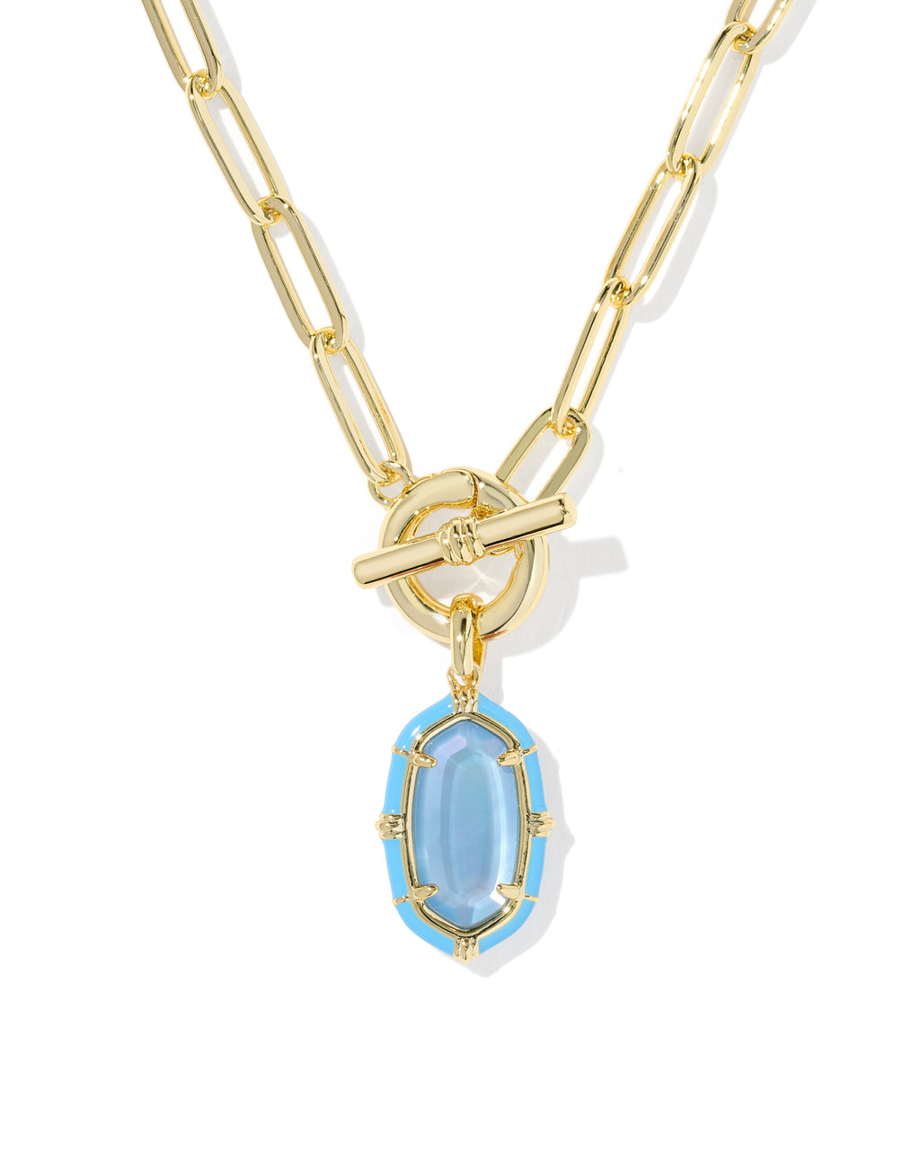 A gold paperclip chain necklace with a toggle clasp and a light blue oval pendant, shown on a clean white background.