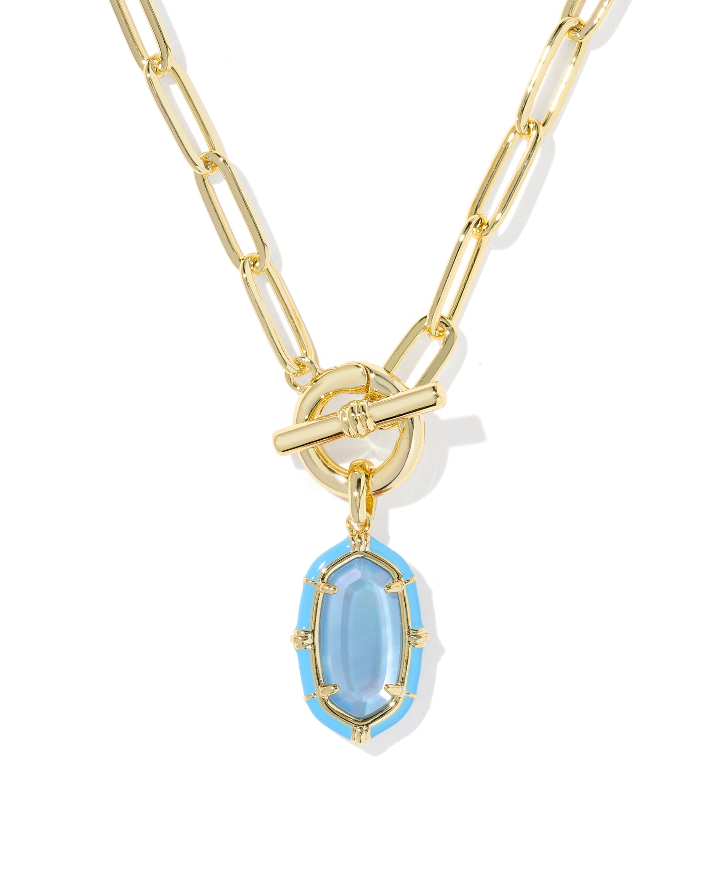 A gold paperclip chain necklace with a toggle clasp and a light blue oval pendant, shown on a clean white background.