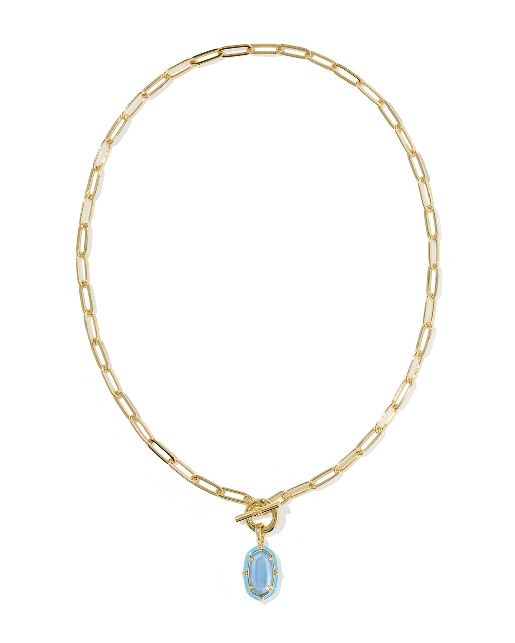 A gold paperclip chain necklace with a toggle clasp and a small light blue oval pendant, shown on a plain white background.