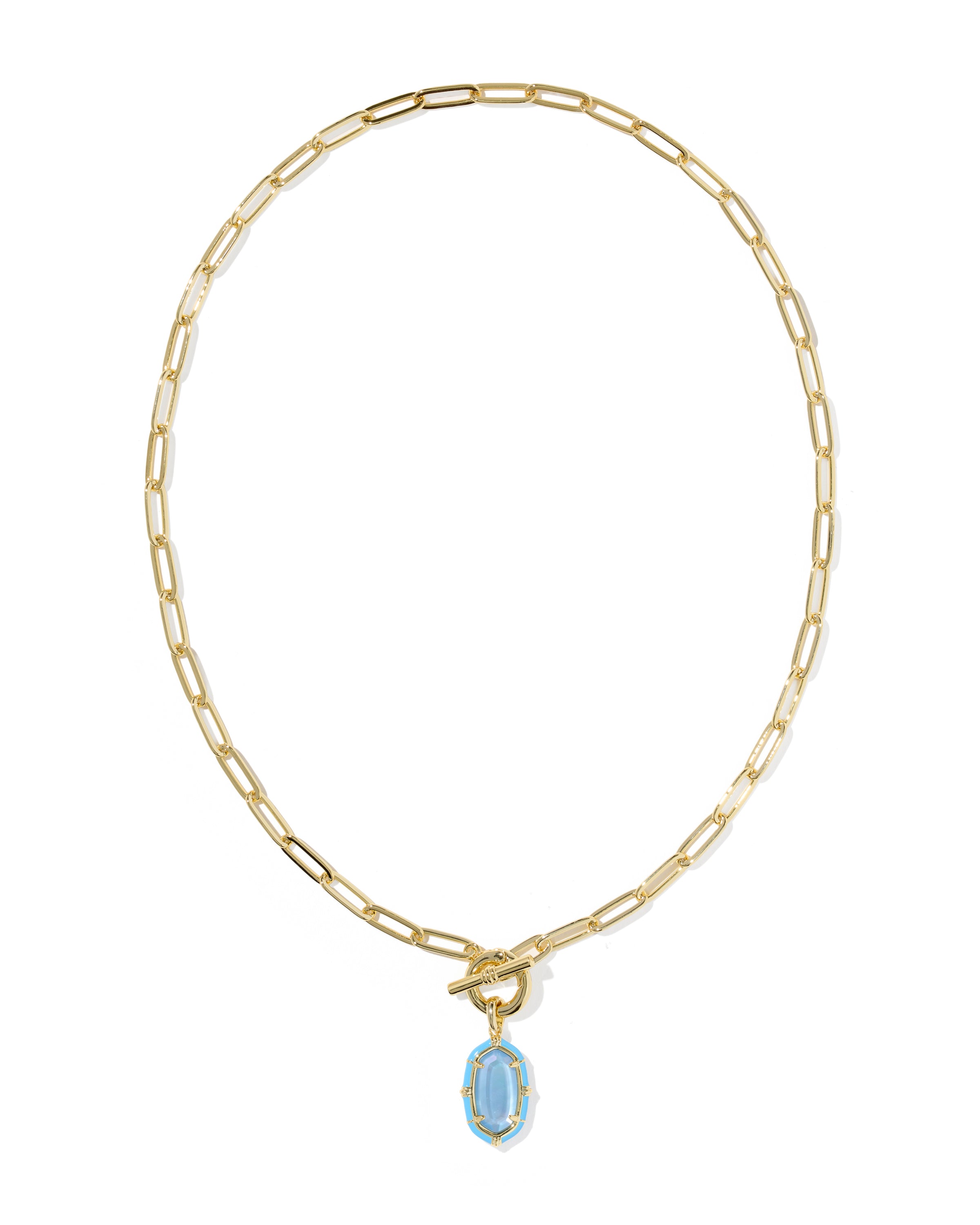 A gold paperclip chain necklace with a toggle clasp and a small light blue oval pendant, shown on a plain white background.