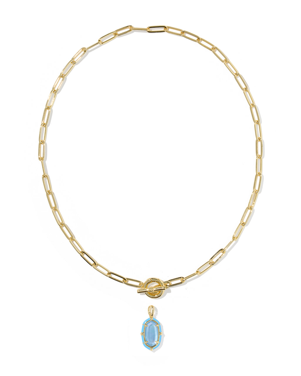 A gold paperclip chain necklace with a toggle clasp and a small oval light blue pendant, shown on a plain white background.