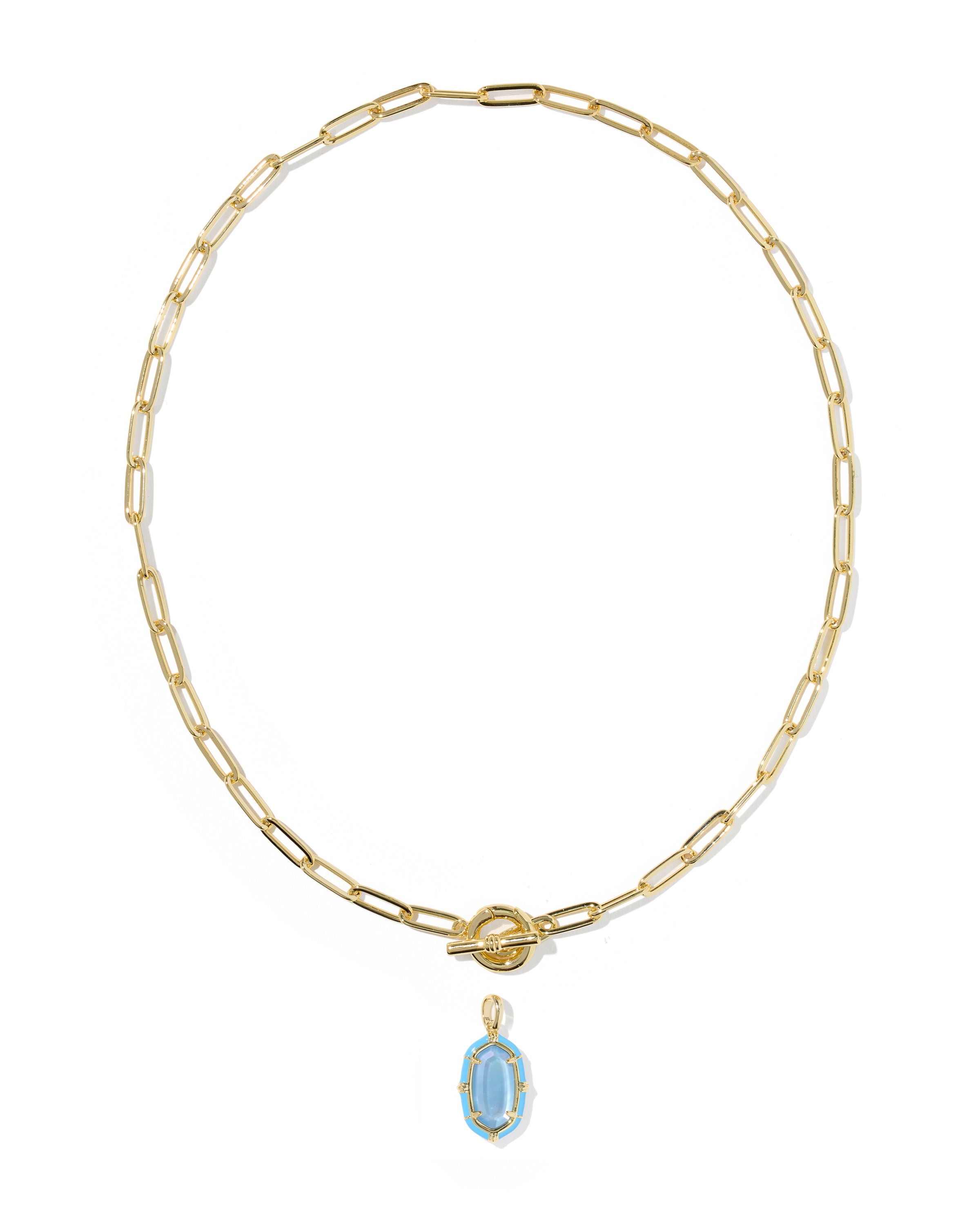 A gold paperclip chain necklace with a toggle clasp and a small oval light blue pendant, shown on a plain white background.