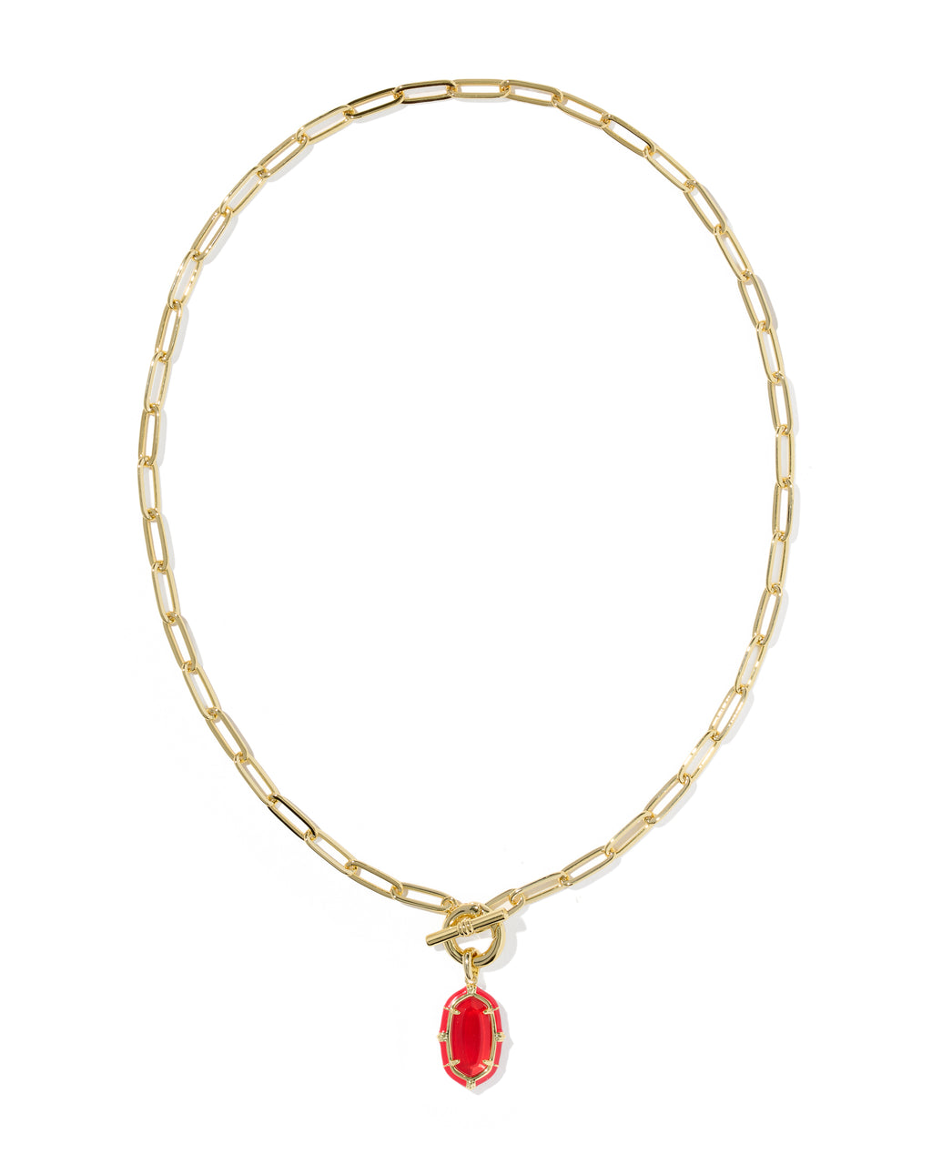 A gold paperclip chain necklace with a toggle clasp and a small red oval pendant, shown on a plain white background.