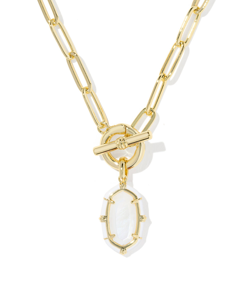 A gold paperclip chain necklace with a toggle clasp and a dangling oval white stone pendant, shown on a clean white background.