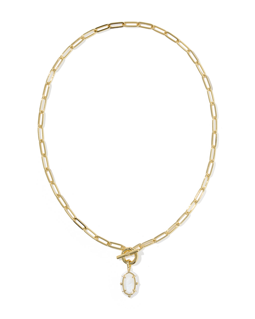 A gold paperclip chain necklace with a toggle clasp and a small oval white stone pendant, shown on a plain white background.