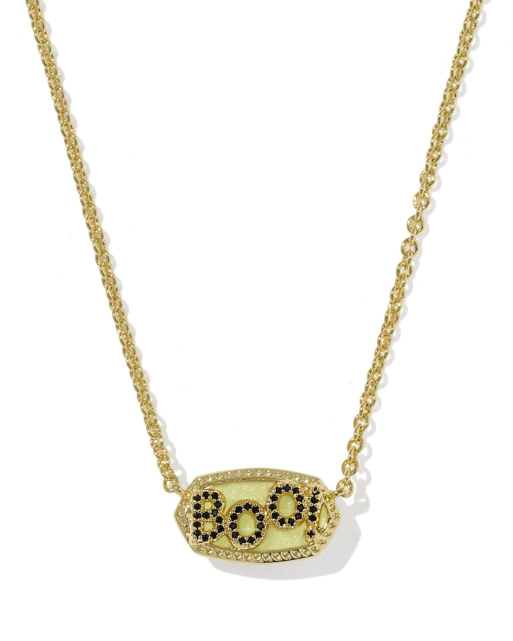 Gold necklace with 'BOO' pendant on a white background