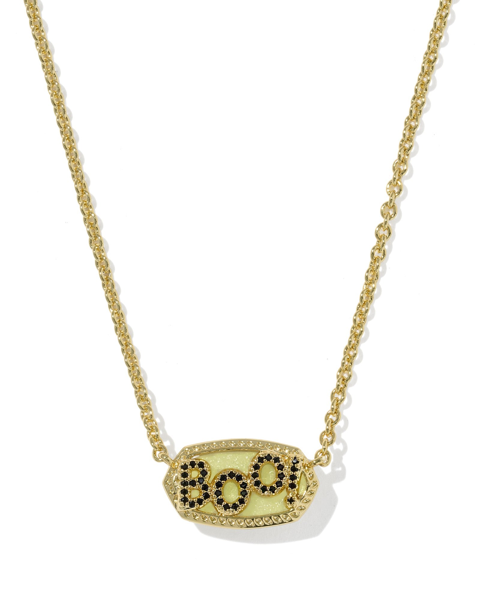 Gold necklace with 'BOO' pendant on a white background