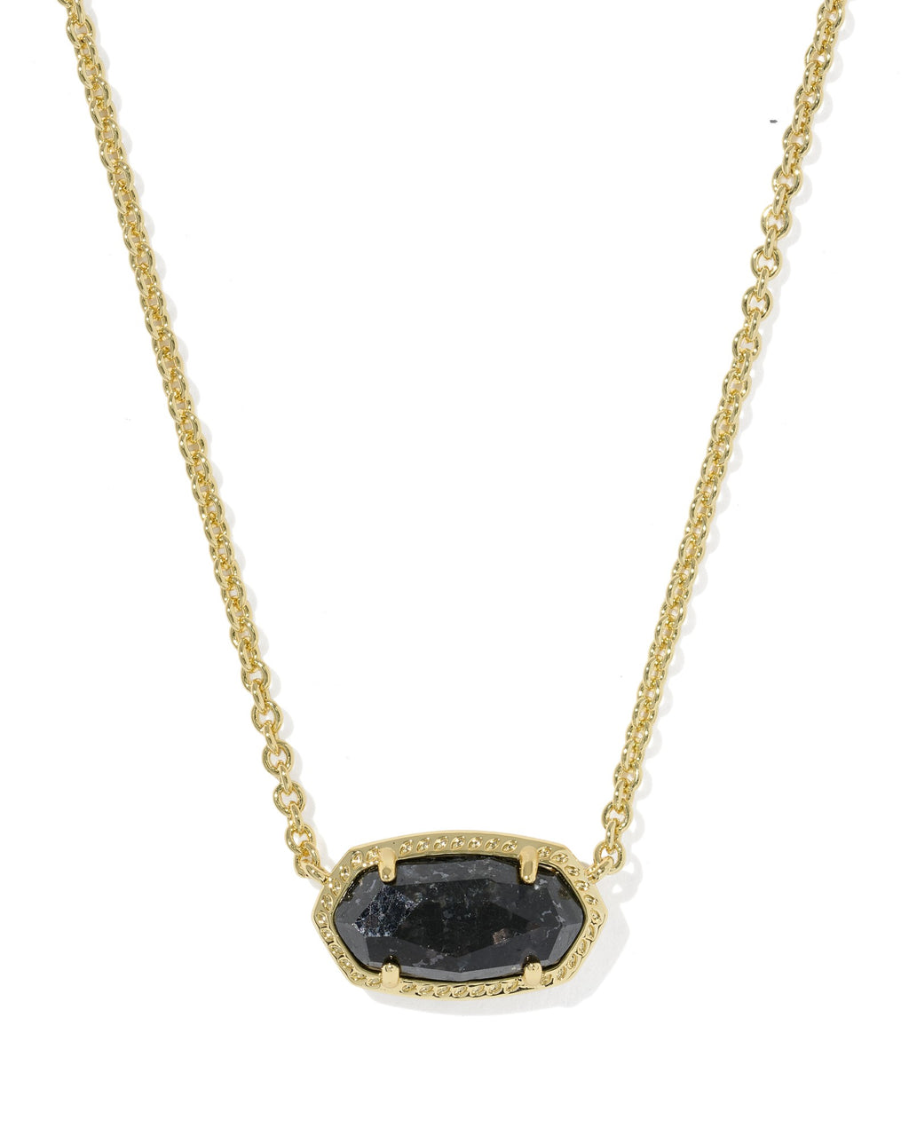 A gold chain necklace featuring a hexagonal bezel-set dark gray stone pendant with a textured, diamond-like surface and a delicate gold beaded border.