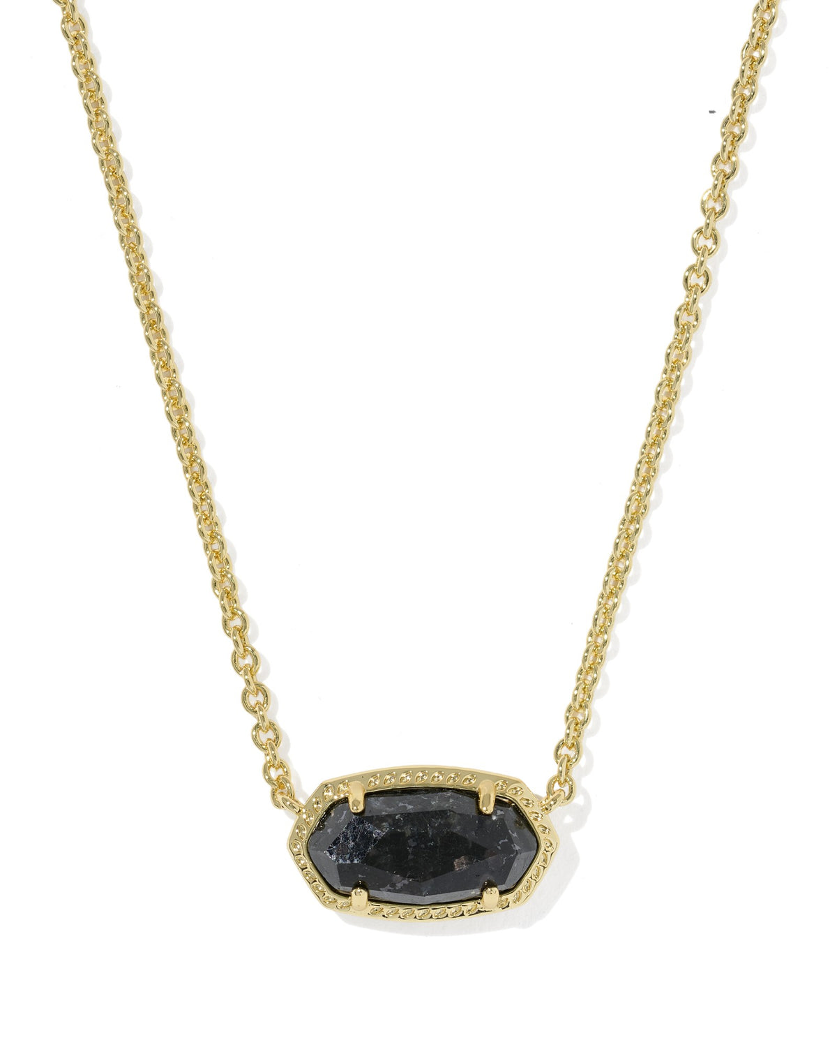 A gold chain necklace featuring a hexagonal bezel-set dark gray stone pendant with a textured, diamond-like surface and a delicate gold beaded border.