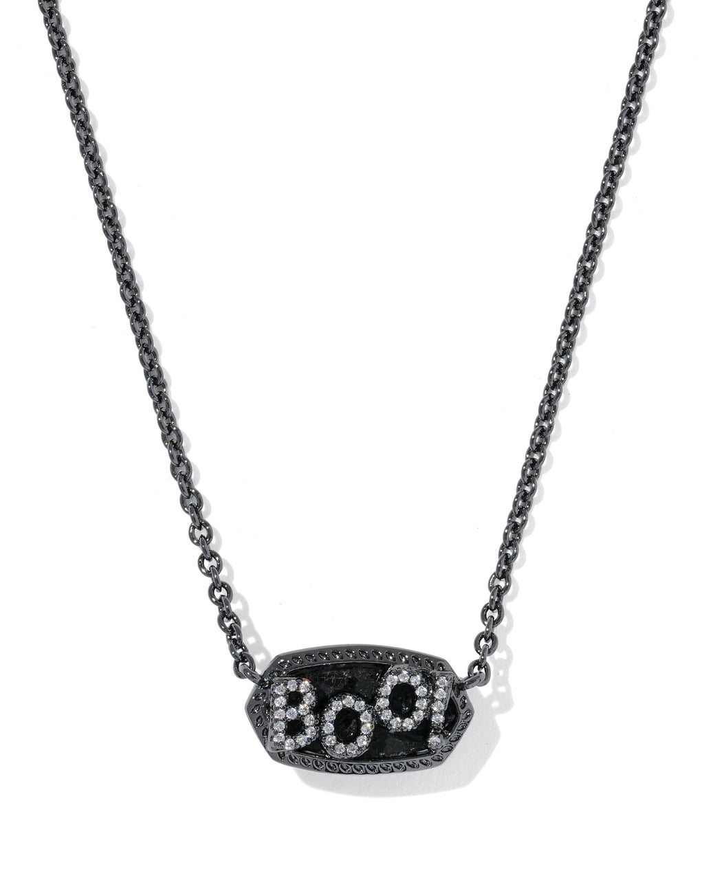 A dark gunmetal chain necklace with a pendant spelling 'BOO' in sparkling clear stones on a textured dark metal base, set against a plain white background.