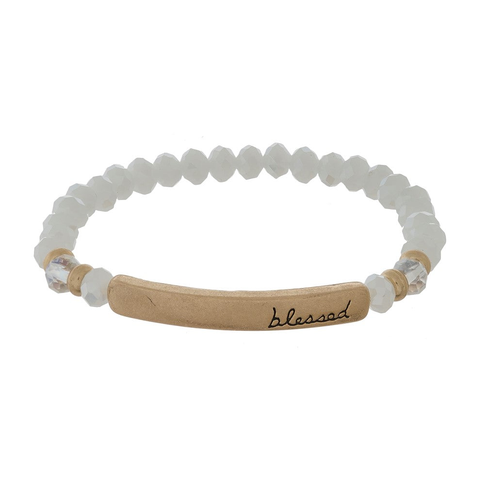 White Beaded “Blessed” Bracelet