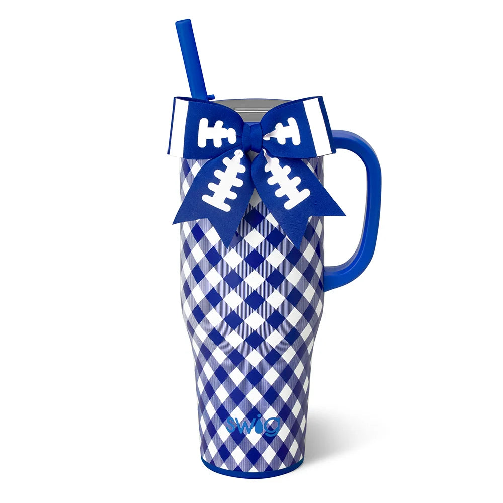 A blue and white gingham patterned insulated tumbler with a handle, a blue straw, and a matching blue bow decorated with white football line details, shown on a white background.