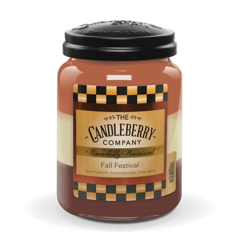 A jar candle with a checkered lid, labeled 'Fall Festival' from The Candleberry Company.