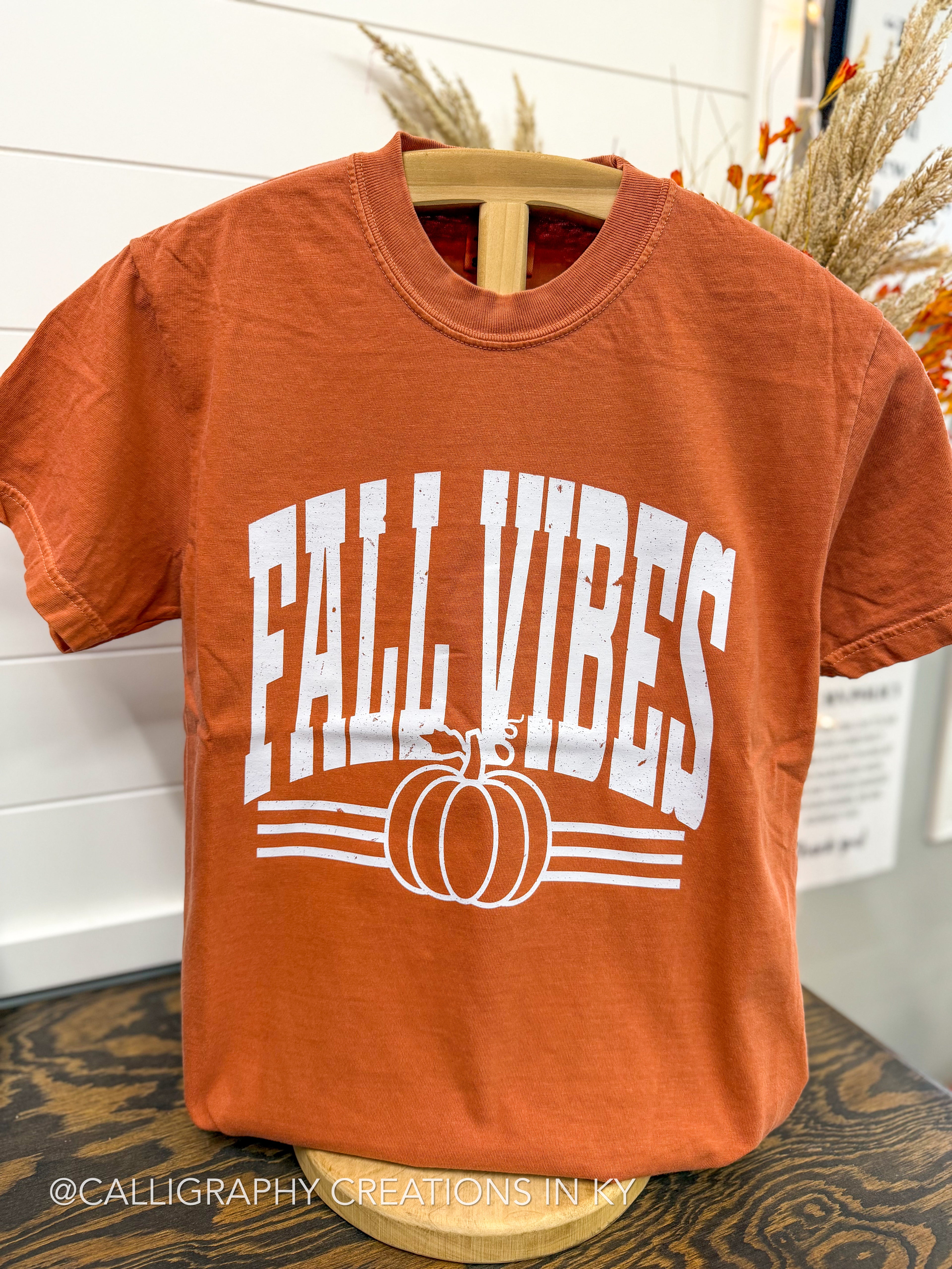 An orange short-sleeve t-shirt displayed on a wooden hanger, featuring a white graphic print that reads 'FALL VIBES' above a pumpkin illustration. The shirt is photographed in a styled indoor setting with fall decorations in the background.
