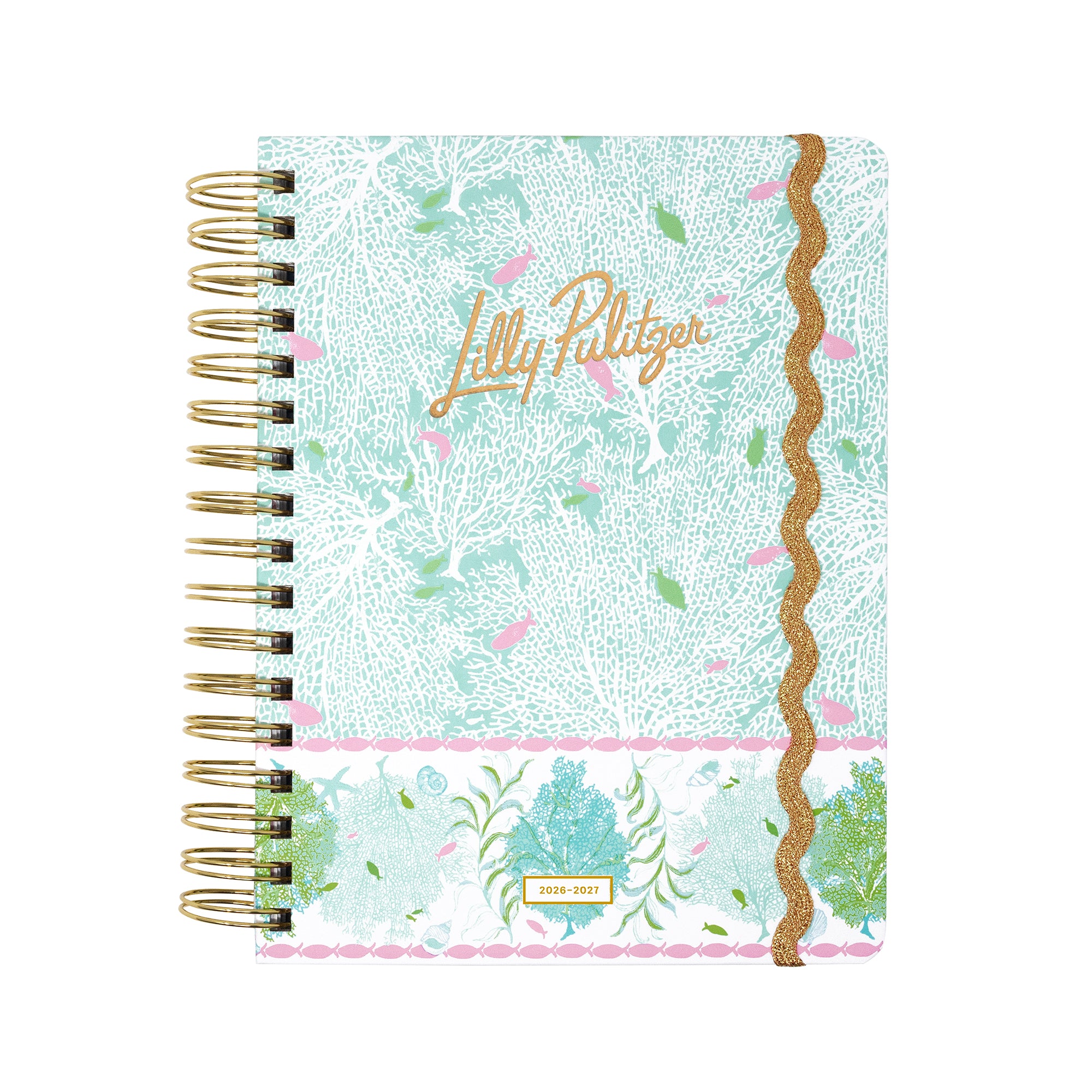 Lilly Pulitzer notebook with ocean design and gold accents on a white background