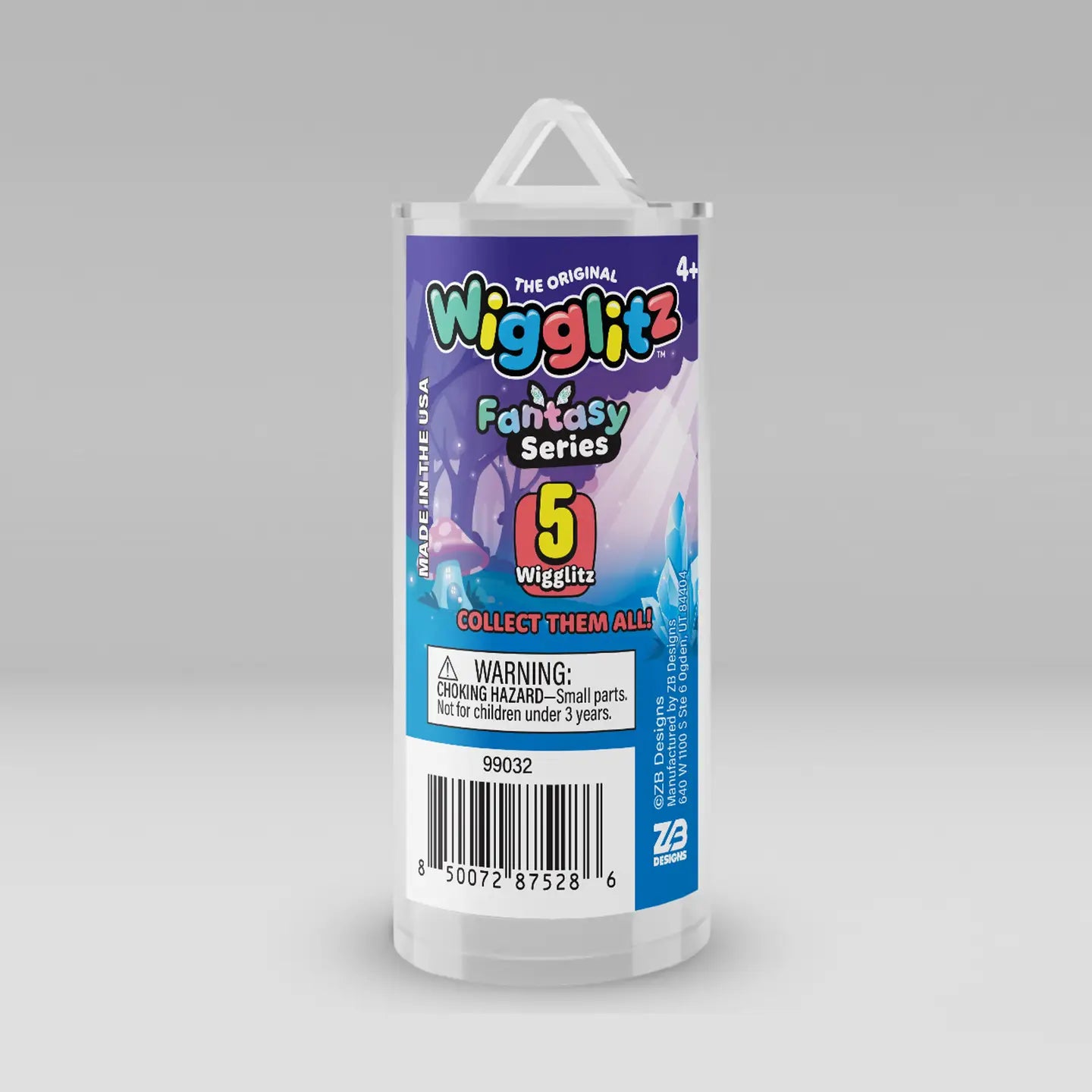 A tall cylindrical plastic package for Wiggliz Fantasy Series 5 Wigglits, featuring a colorful purple, blue, and white label with a white plastic hanger loop at the top, shown on a neutral gray background.
