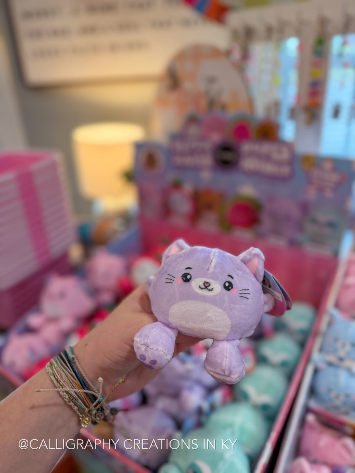 A hand holding a small lavender plush cat toy in front of a blurred retail display filled with colorful plushies and packaging.