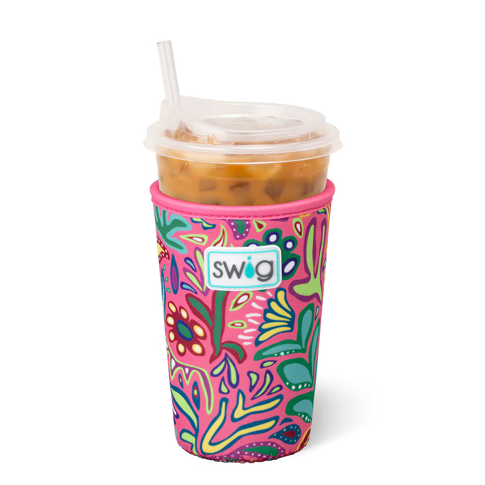 Colorful drink sleeve with floral pattern and 'swig' brand logo on a white background