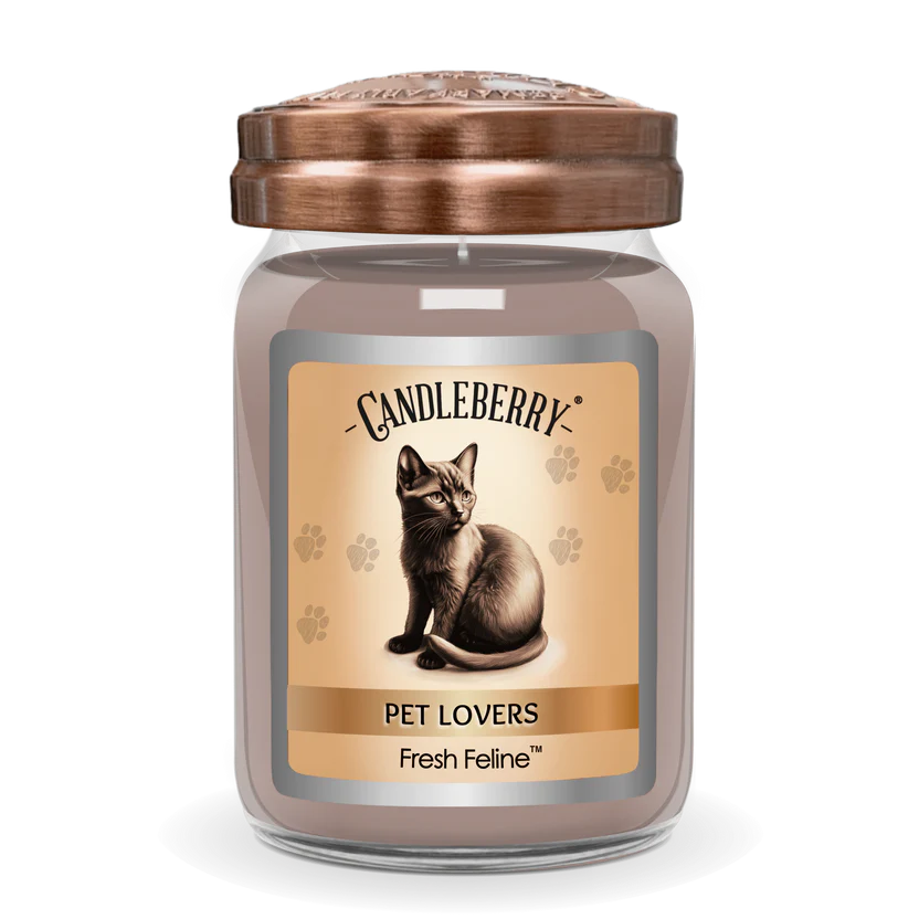 A jar candle with a lid, featuring a label with a cat and the text 'PET LOVERS Fresh Feline'.