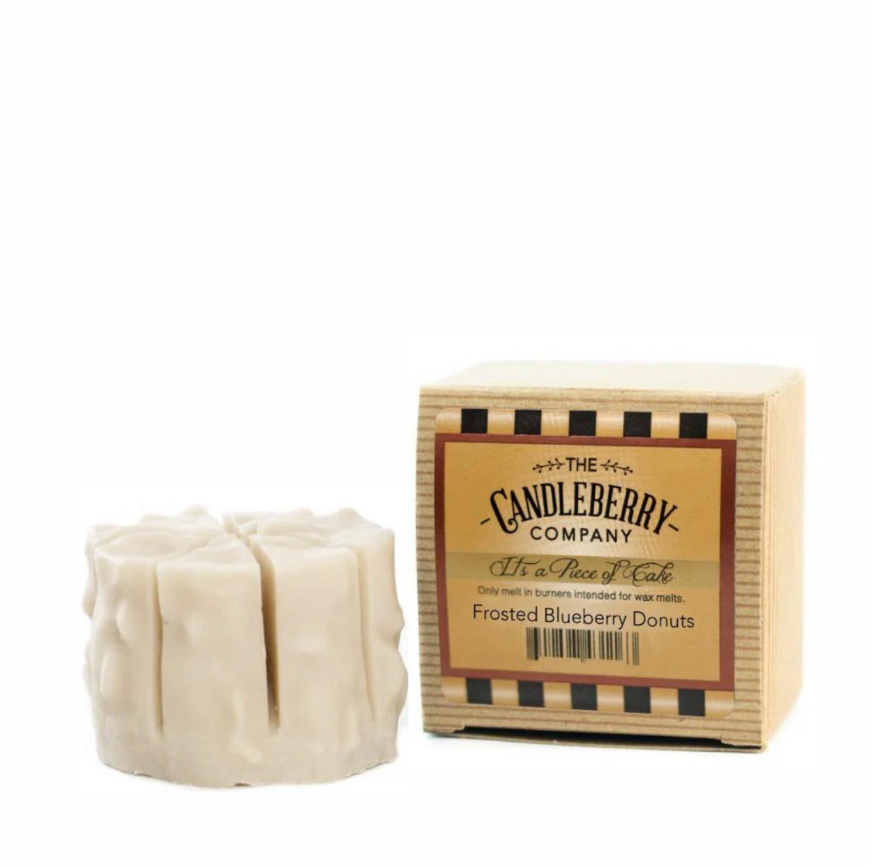 A wax melt candle in a box, with the label reading 'Candleberry Co. Frosted Blueberry Donuts'.