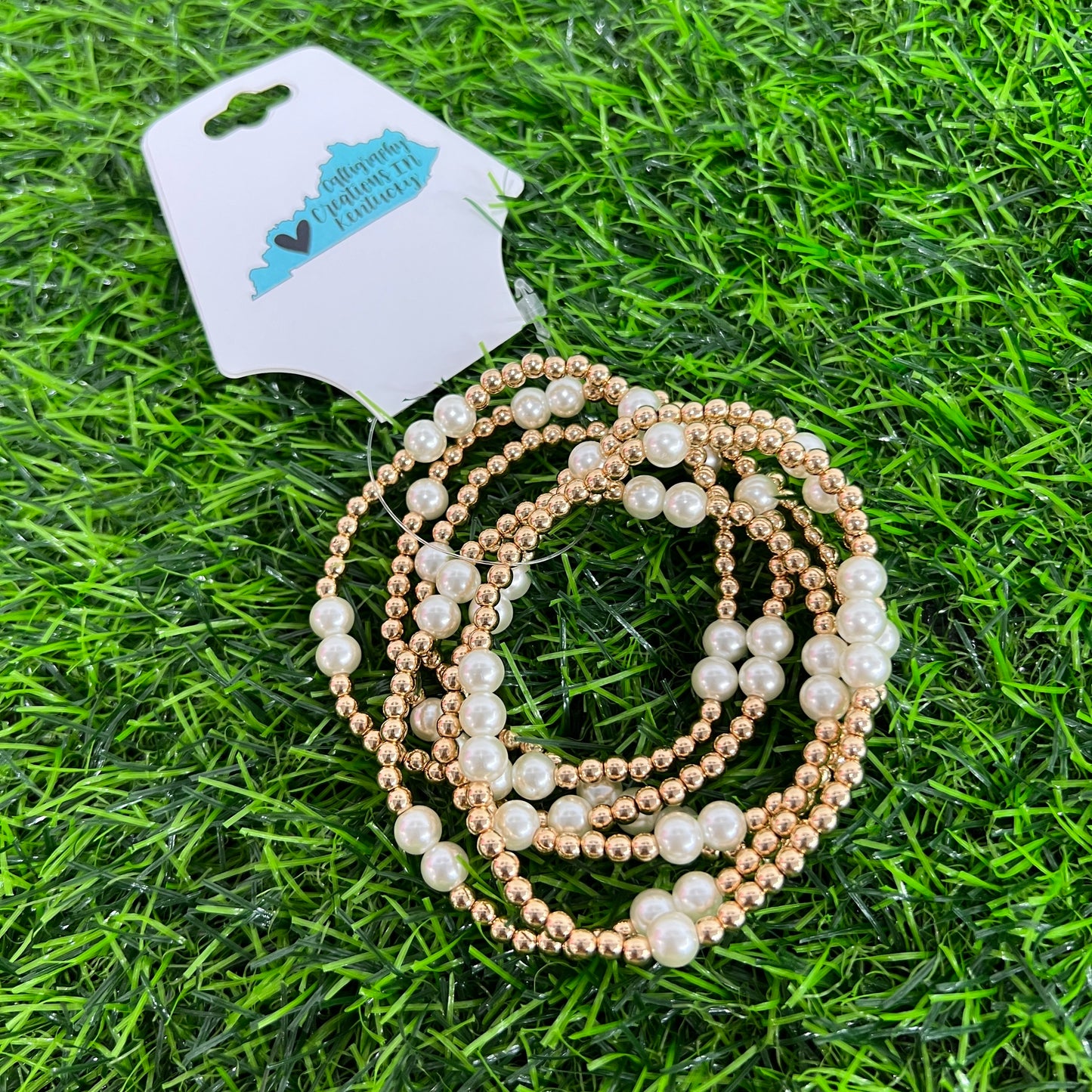 Gold Beaded and Pearl Water Resistant Stretch Bracelet Set-