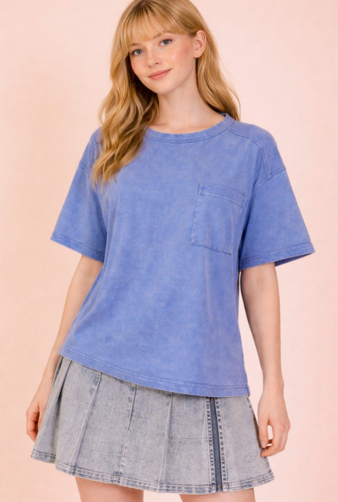 Blue Mineral Wash Pocket Top
